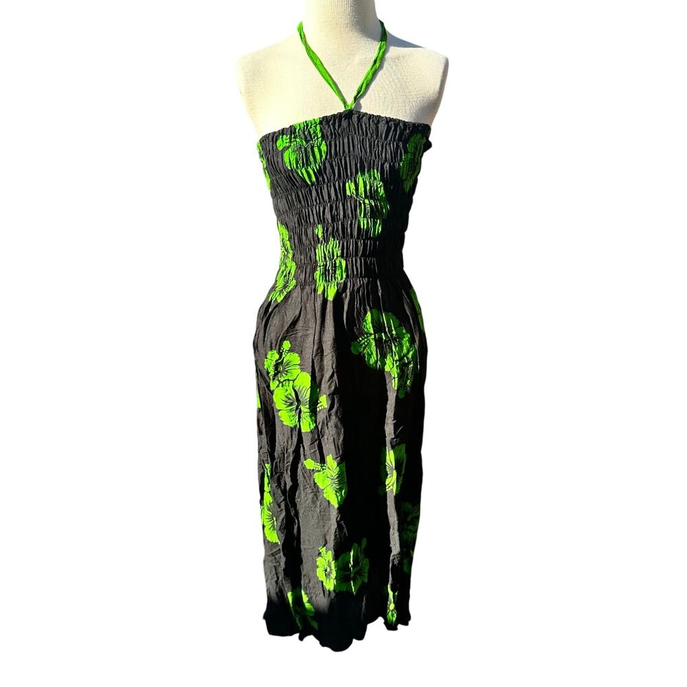 Vintage Tropical Tube Top Halter Neck Dress Floral Vacation Beachy OS XS-M